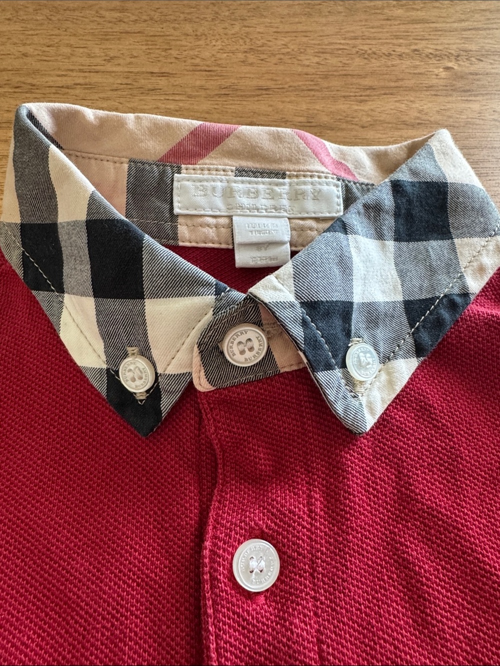 Burberry Kids Burgundy Polo with Signature Check Collar - Picture 3 of 7